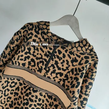 Mados aukštos kokybės rudenį laiške leopard elastiniai megztiniai hoodies moterys ilgomis rankovėmis megztinis su užtrauktuku palaidinės vintage drabužių
