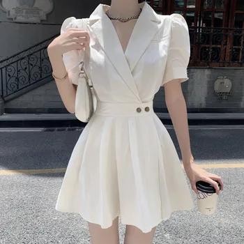 Balta Hepburn Stiliaus Biuro Stiliaus Kostiumas Suknelė Elegantiškas Šalies Moterų Vasaros 2021 Juoda Slim Klostuotas Mini Suknelė Kleider Damen Vestido