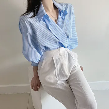 2021 m. Pavasarį Naujas korėjiečių Mėlyna Dryžuota Balta Atvartas Single-Breasted Prarasti Atsitiktinis ilgomis Rankovėmis Marškinėliai Top Moterims