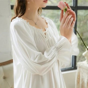 Derliaus Balta Nėrinių Peignoir Marškinėliai Moterims Medvilnės Nighty Ilgos Nakties Suknelė Miego Dėvėti Plius Dydis Viktorijos Pižamą Ponios Naktiniai Drabužiai