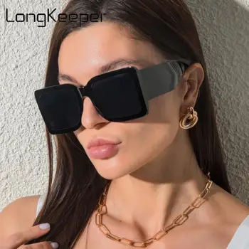 LongKeeper 2021 Prabanga Didelis Aikštė Akiniai Nuo Saulės Moterims Prekės Ženklo Dizaino Retro Stačiakampio Saulės Akiniai Moterų Negabaritinių Juoda Atspalvių Oculos