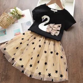 Vasaros Mergaitės Drabužius Vaikų Princesė Dress Swan trumpomis Rankovėmis T-shirt Viršūnes + Suknelė Blizgančiais Žvaigždžių Vaikai Suknelės Gimtadienio