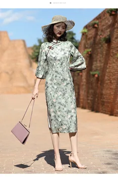 Nauja rudens Kinijos retro stiliaus mandarinų apykaklės slim išsiuvinėti high-end pagerėjo didelis rankovėmis Cheongsam suknelė moterims