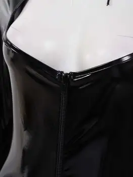 Moterims Seksualus Juodos Odos Išpjovą, Priekiniai Bodysuit Užtrauktukas Atvira Tarpkojo Catsuit Wetlook Jumpsuit Erotinis apatinis Trikotažas PU Bodysuit Clubwear