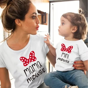 Mados Šeimos derinti Drabužius Mama ir Mini Pele T-Shirt Motinos&Dukra Mielas trumpomis Rankovėmis Viršūnes Šeimos Atitikimo Komplektus