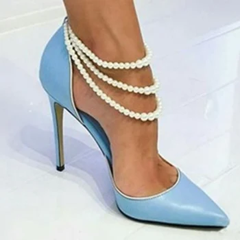 Minan Sa Moterų nurodė, aukštakulniai, moteriški light blue nude bateliai su pearl grandinės mados sexy batai, sandalai moterims