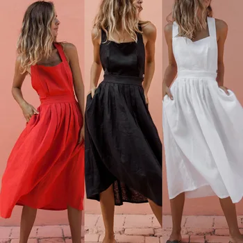 Moterų vasaros suknelė 2021 seksualus plonas dirželis mygtuką juosmens Plisuotos Suknelė atvira nugara kryžiaus raišteliu Paplūdimio Suknelė