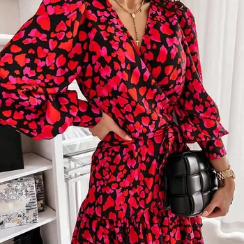 V-Kaklo Aukštos Juosmens Raukiniai Žibintų Rankovės Nėrinių Suknelė Moterų Mini Širdies Spausdinti Suknelės Moterų 2021 M. Pavasarį Elegantiška Panele Vestidos
