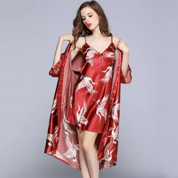 2VNT Moterų Viskozė Chalatas Kimono Vyno raudona Nuotaka Bridesmaid, Vestuvių Apdarą Nustatyti Nėrinių Apdaila Sleepwear Atsitiktinis Namų Drabužius, naktiniai drabužiai