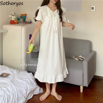 Nightgowns Moterų Mielas Raukiniai, Nėriniai Kratinys Korėjos Stiliaus Lankas Apvalios Kaklo Moterų Namų Drabužiai Sleepshirts Kvėpuojantis Ins Madinga