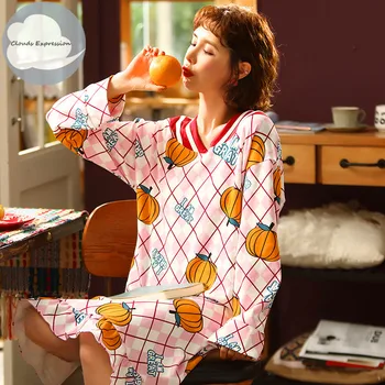 Naujas Ilgas Rankovėmis 35% Medvilnės Moterų Pižamą Lounge Nightdress Mergina Sleepwear Atsitiktinis naktiniai drabužiai Laisvi Nightgowns Sleepshirts