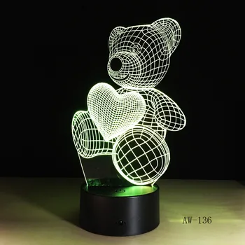 Mielas Vaikas Dovanų USB Mažai Puikus Širdies Lokys 3D LED RGB Naktį Šviesos Atmosferą, Stalas Stalo Lempa Merginos Kūdikio Miegamojo Puošimas AW-136