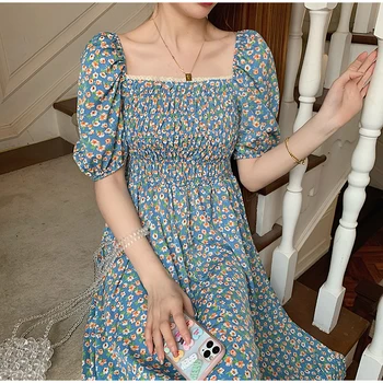 2021 Vasaros Moterų Derliaus Gėlių Sluoksniuotos Rankovėmis Šifono Suknelės Korėjos Elegantiškas Aikštėje Apykaklės Atsitiktinis-Line Midi Suknelė Femme