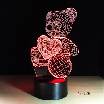 Mielas Vaikas Dovanų USB Mažai Puikus Širdies Lokys 3D LED RGB Naktį Šviesos Atmosferą, Stalas Stalo Lempa Merginos Kūdikio Miegamojo Puošimas AW-136