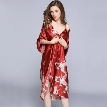 2VNT Moterų Viskozė Chalatas Kimono Vyno raudona Nuotaka Bridesmaid, Vestuvių Apdarą Nustatyti Nėrinių Apdaila Sleepwear Atsitiktinis Namų Drabužius, naktiniai drabužiai