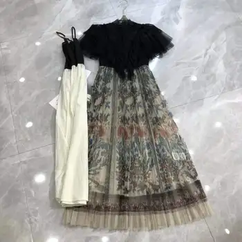 AELESEEN Moterys Vasarą Nėrinių Suknelė 2021 Mados kilimo ir tūpimo Tako Juodosios Nėrinių Rankovėmis Varpo Raukiniai Kratinys Gėlių Spausdinti Akių Ilga Suknelė